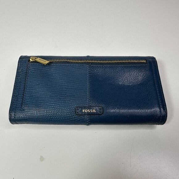 FOSSIL Navy All Genuine Leather Trifold Wallet Billfold Clutch - Picture 1 of 12